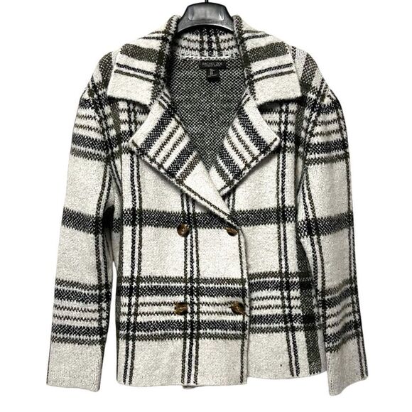 RACHEL ZOE Plaid Knit Double Breasted Sweater Jacket L - Picture 1 of 6